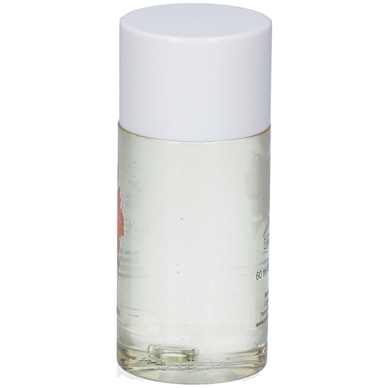 Flacone cilindrico con tappo bianco, riempito di liquido trasparente. Scritte parzialmente visibili.