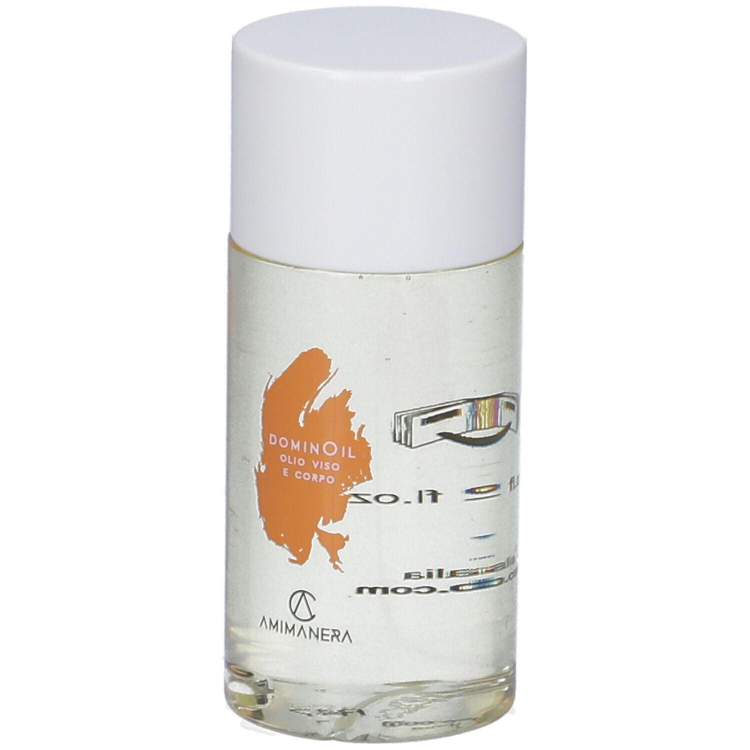 Flacone cilindrico con tappo bianco, riempito di liquido trasparente. Scritta: DOMINOIL, AMIMANERA.