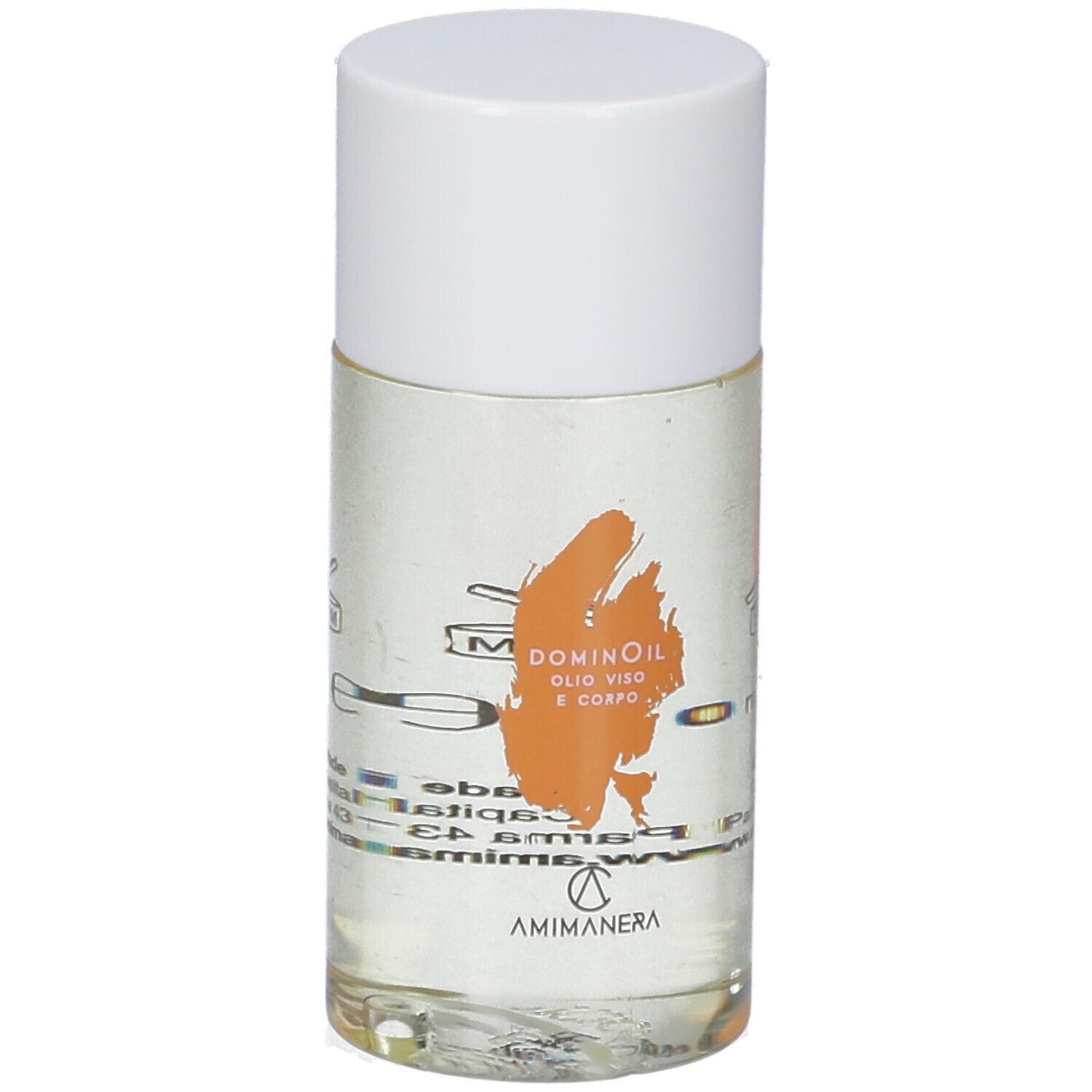 Flacone cilindrico con tappo bianco, riempito di liquido trasparente. Scritta: DOMINOIL, AMIMANERA.