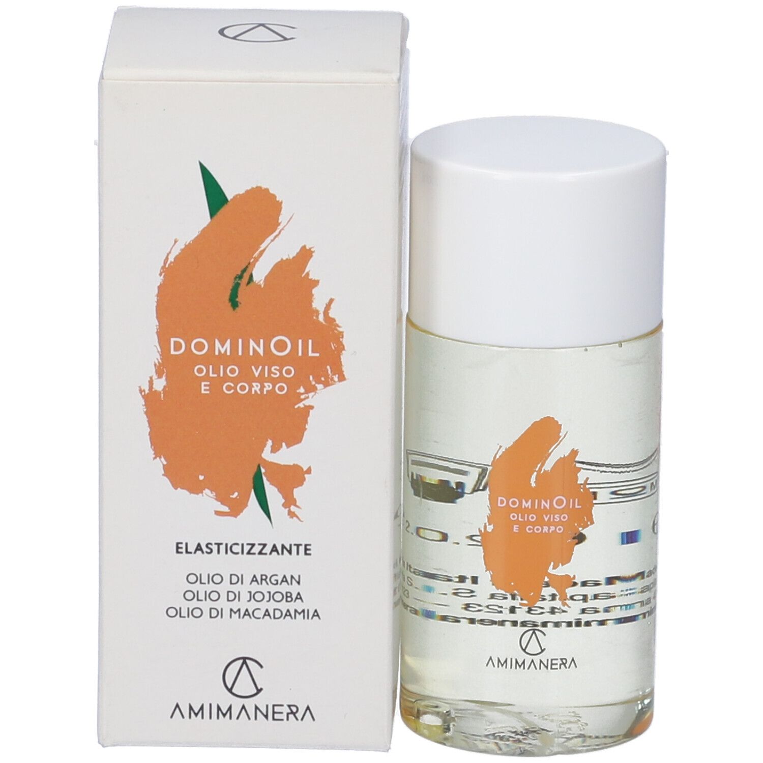 Flacone e confezione del prodotto. Flacone: DOMINOIL, AMIMANERA. Confezione: DOMINOIL, Olio Viso Corpo, Elasticizzante.