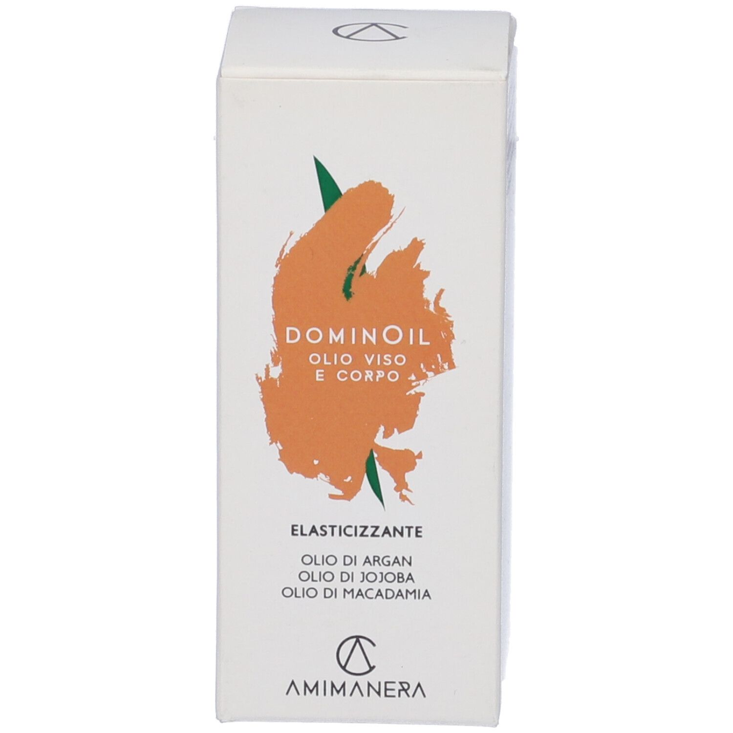 Confezione con scritta: DOMINOIL, Olio Viso Corpo, Elasticizzante, AMIMANERA.