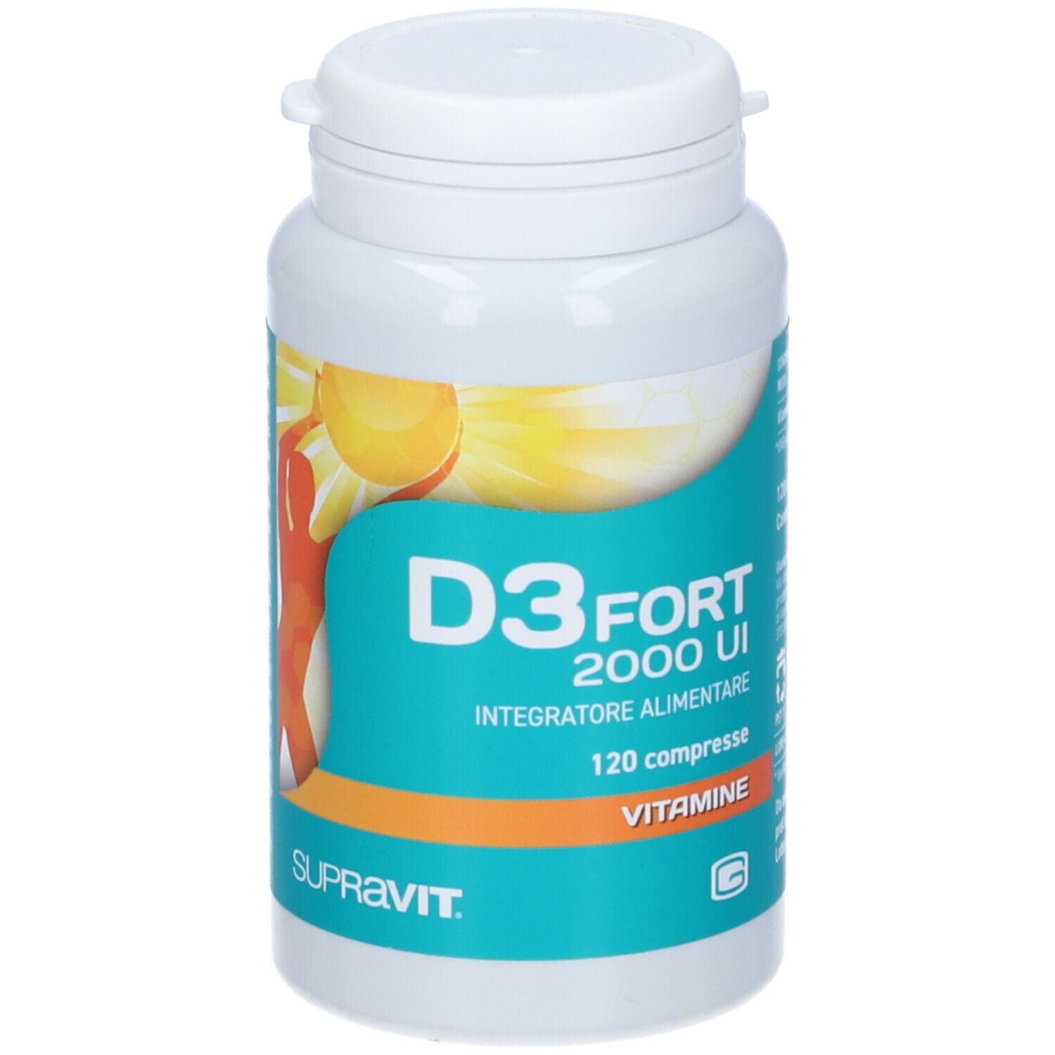 Flacone bianco con etichetta blu e gialla. Scritta: D3 Fort 2000 UI, 120 compresse, Vitamine. Marchio: Supravit.