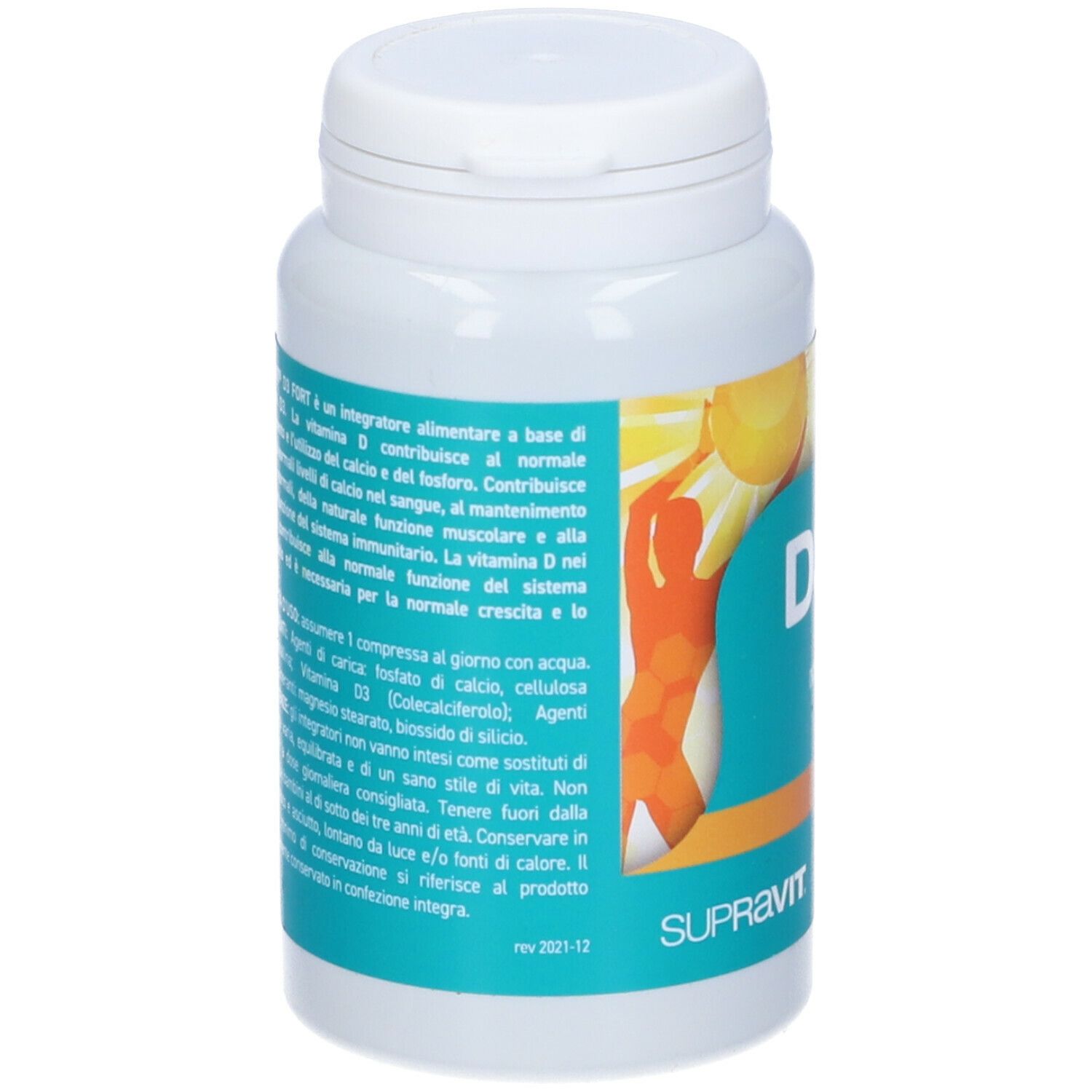 Flacone bianco con etichetta blu e gialla. Testo: D3 Fort, 120 compresse, Vitamine. Retro con testo e ingredienti.
