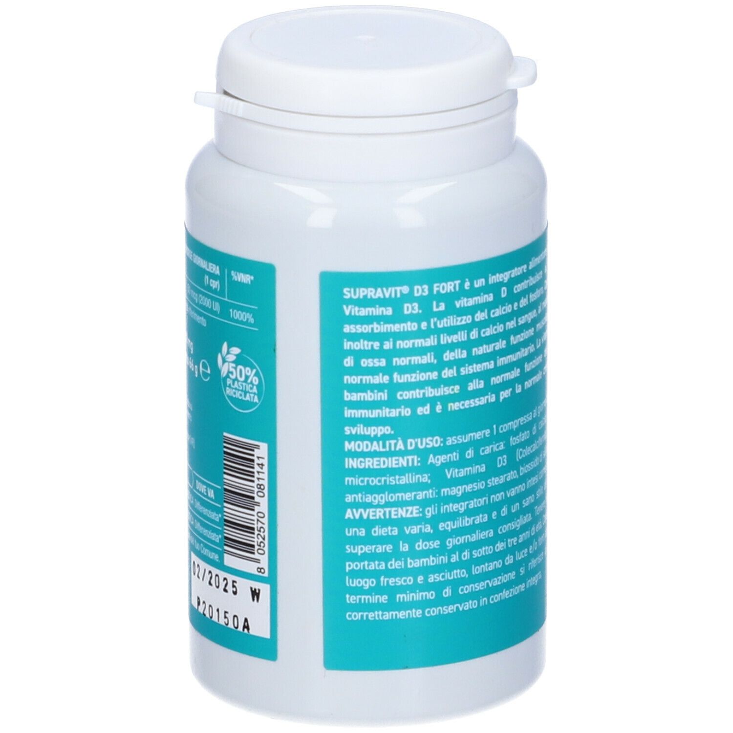 Flacone bianco con etichetta blu. Testo: Supravit D3 Fort, ingredienti, istruzioni per l'uso, numero di lotto, scadenza.