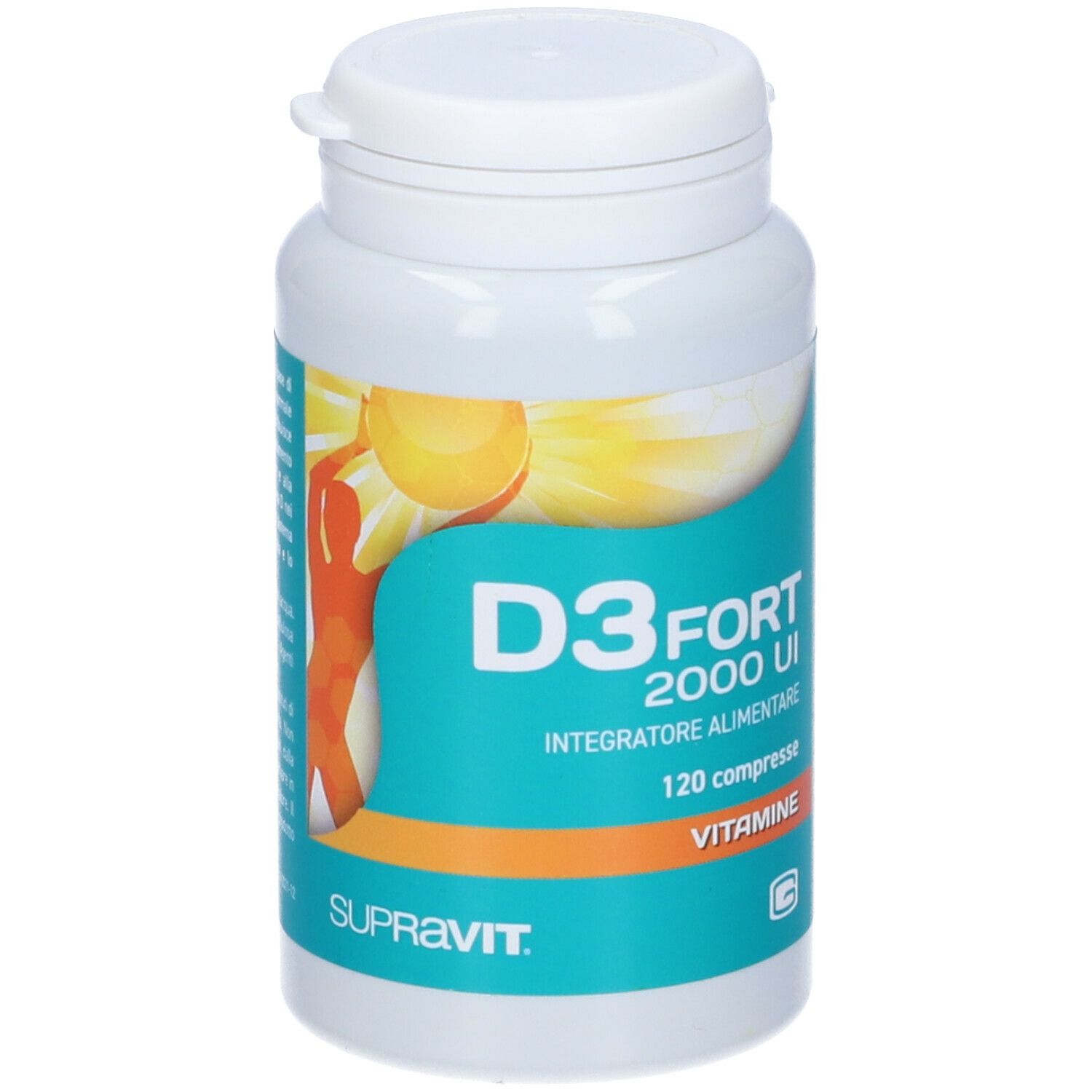 Flacone bianco con etichetta blu e gialla. Scritta: D3 Fort 2000 UI, 120 compresse, Vitamine. Marchio: Supravit.