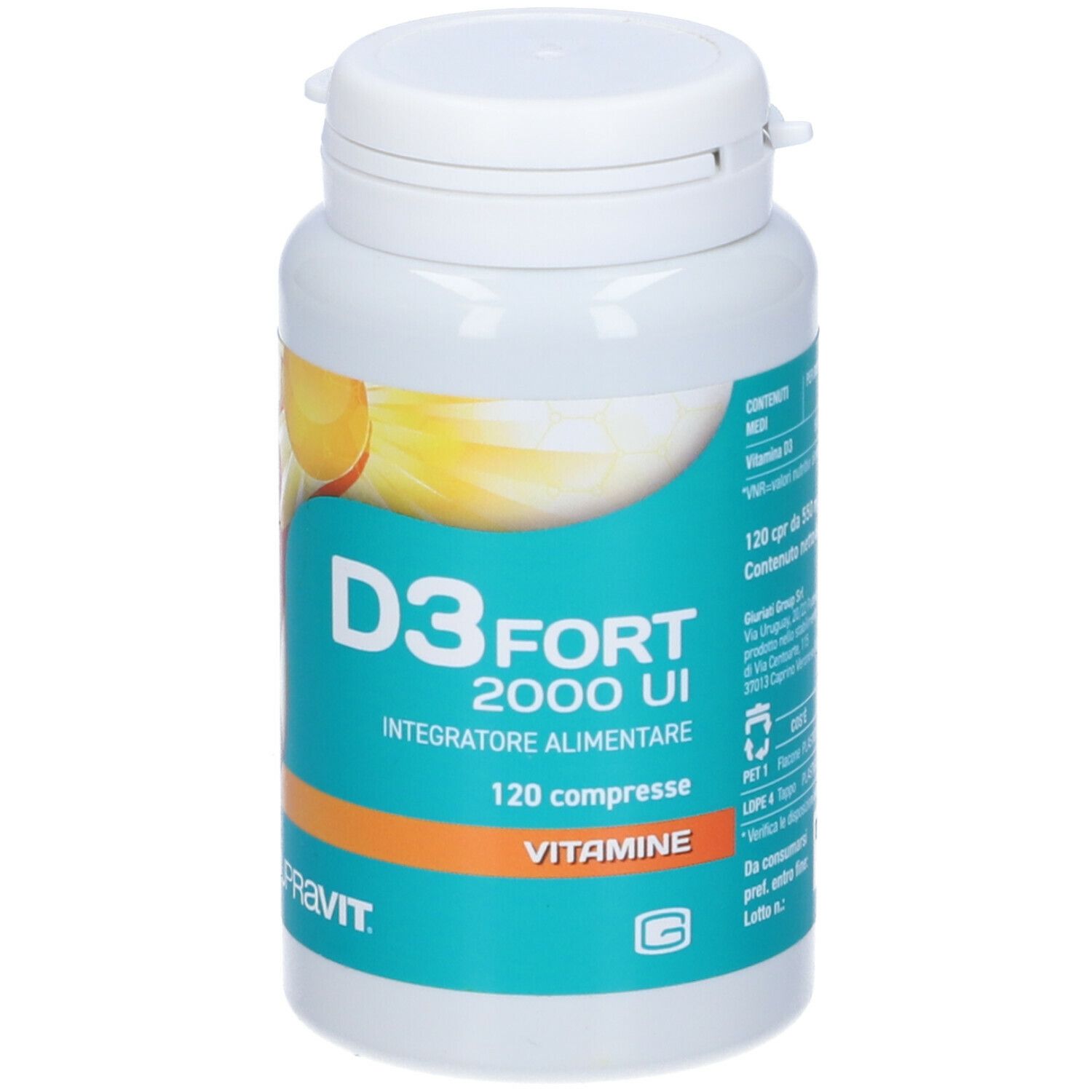 Flacone bianco con etichetta blu e gialla. Scritta: D3 Fort 2000 UI, 120 compresse, Vitamine. Marchio: Supravit.