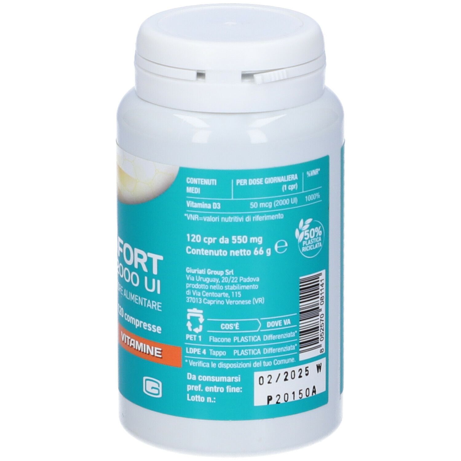 Flacone bianco con etichetta blu. Scritta: D3 Fort 2000 UI, 120 compresse, Vitamine. Retro con ingredienti.