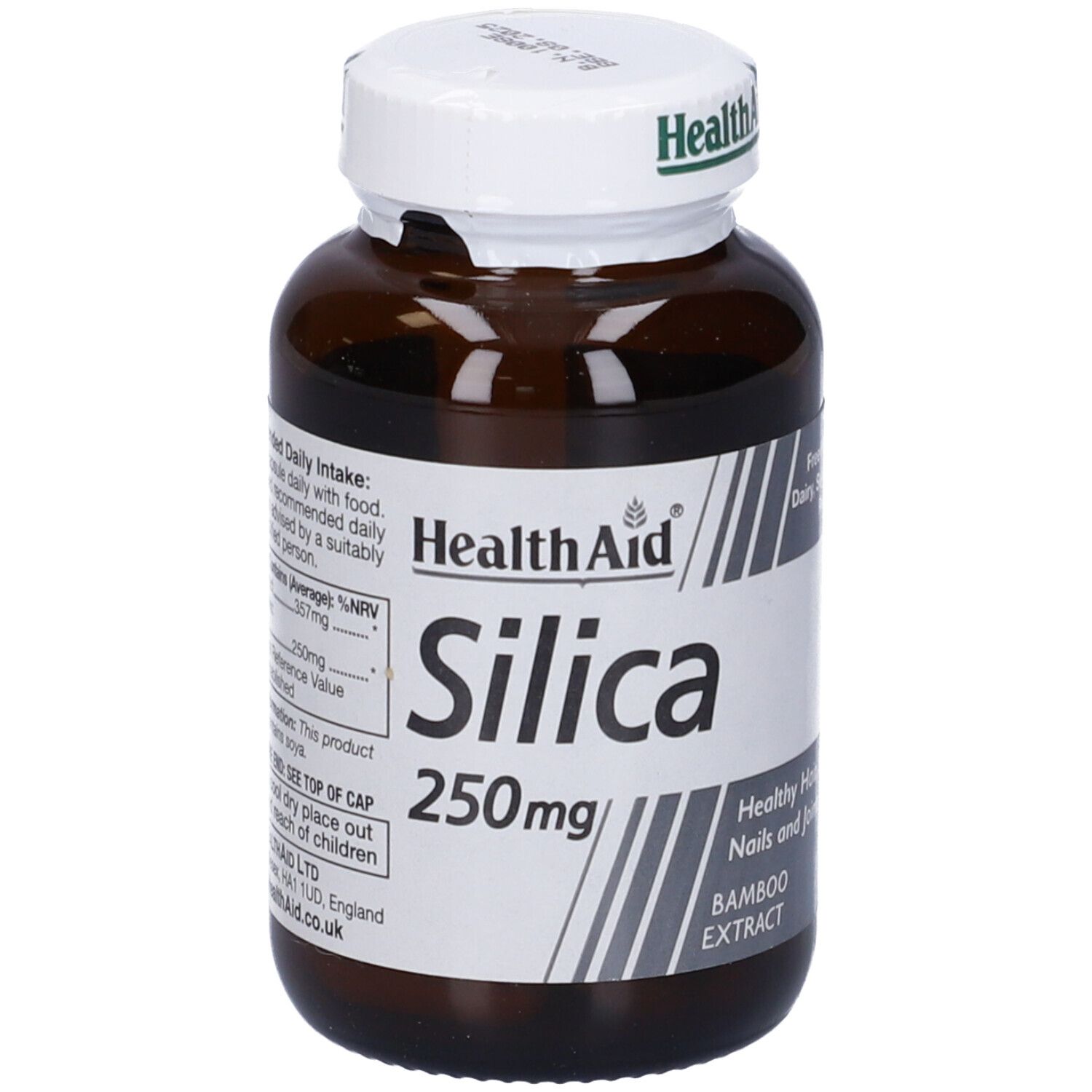 Flacone di Silice 250mg Health Aid. Contiene estratto di bambù. Per capelli, pelle, unghie e articolazioni sani.