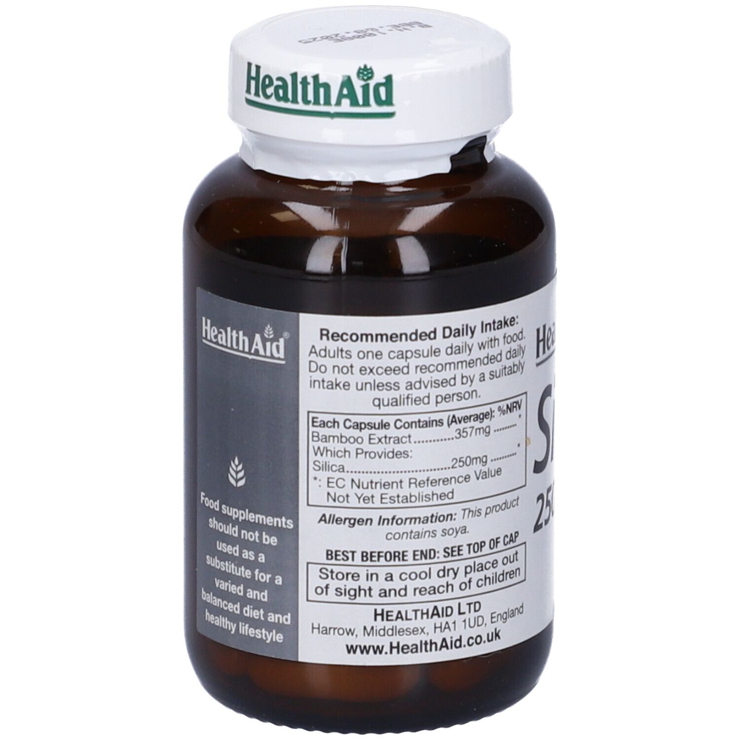 Retro del flacone di Silice 250mg Health Aid. Contiene informazioni sugli ingredienti e l'uso.