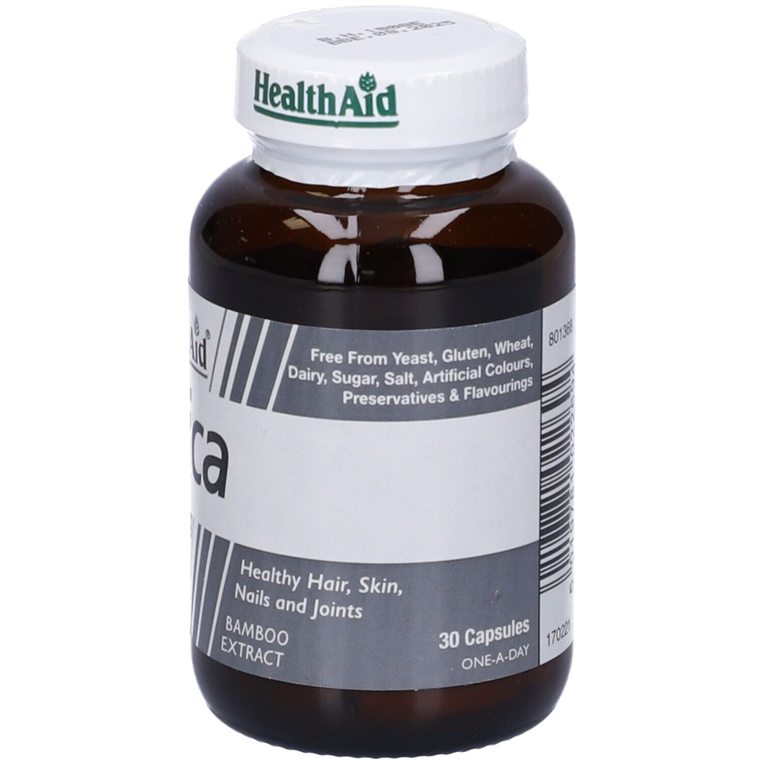 Flacone di Silice 250mg Health Aid. Contiene 30 capsule. Senza lievito, glutine, grano, latticini, zucchero, sale.