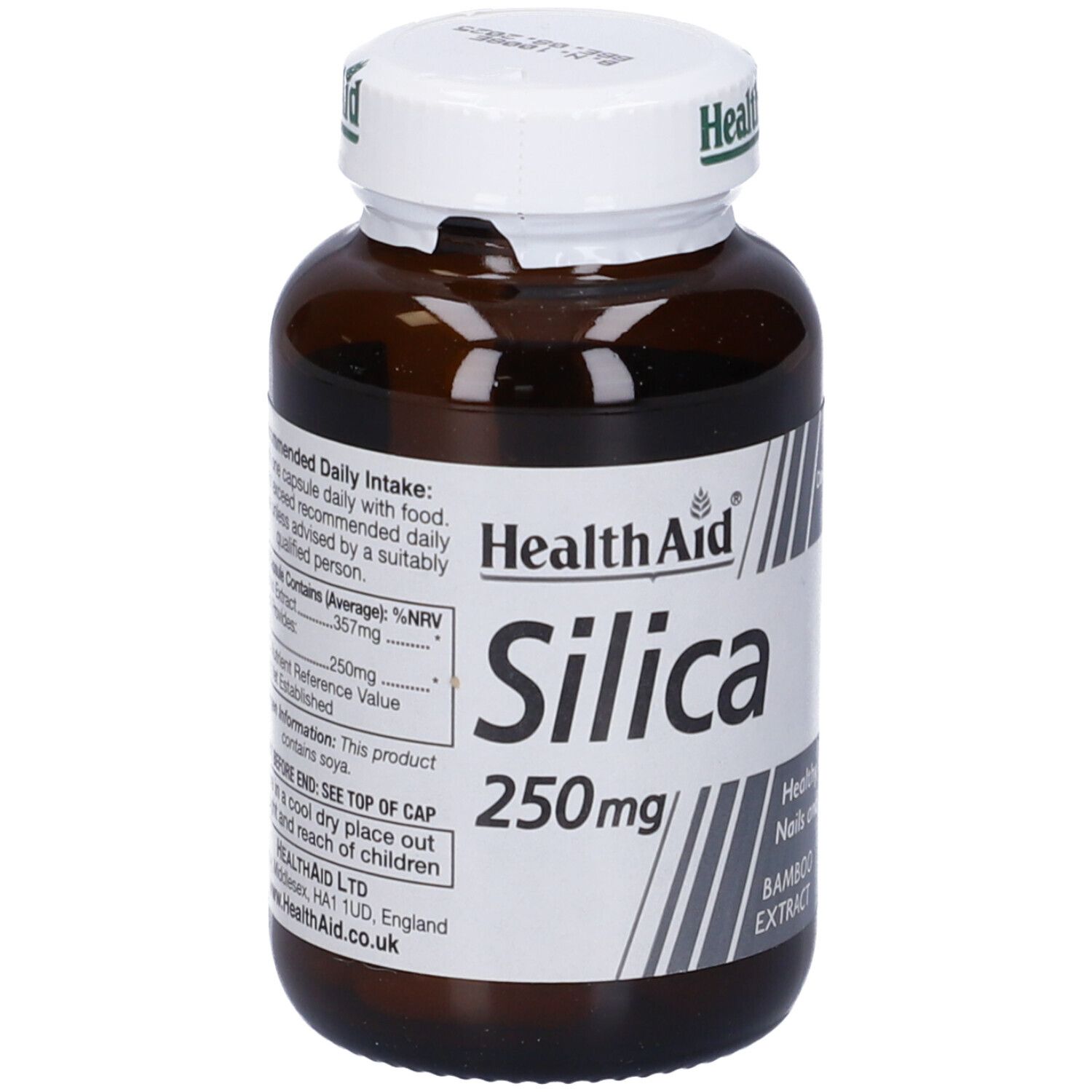 Retro del flacone di Silice 250mg Health Aid. Contiene informazioni sugli ingredienti e l'uso.