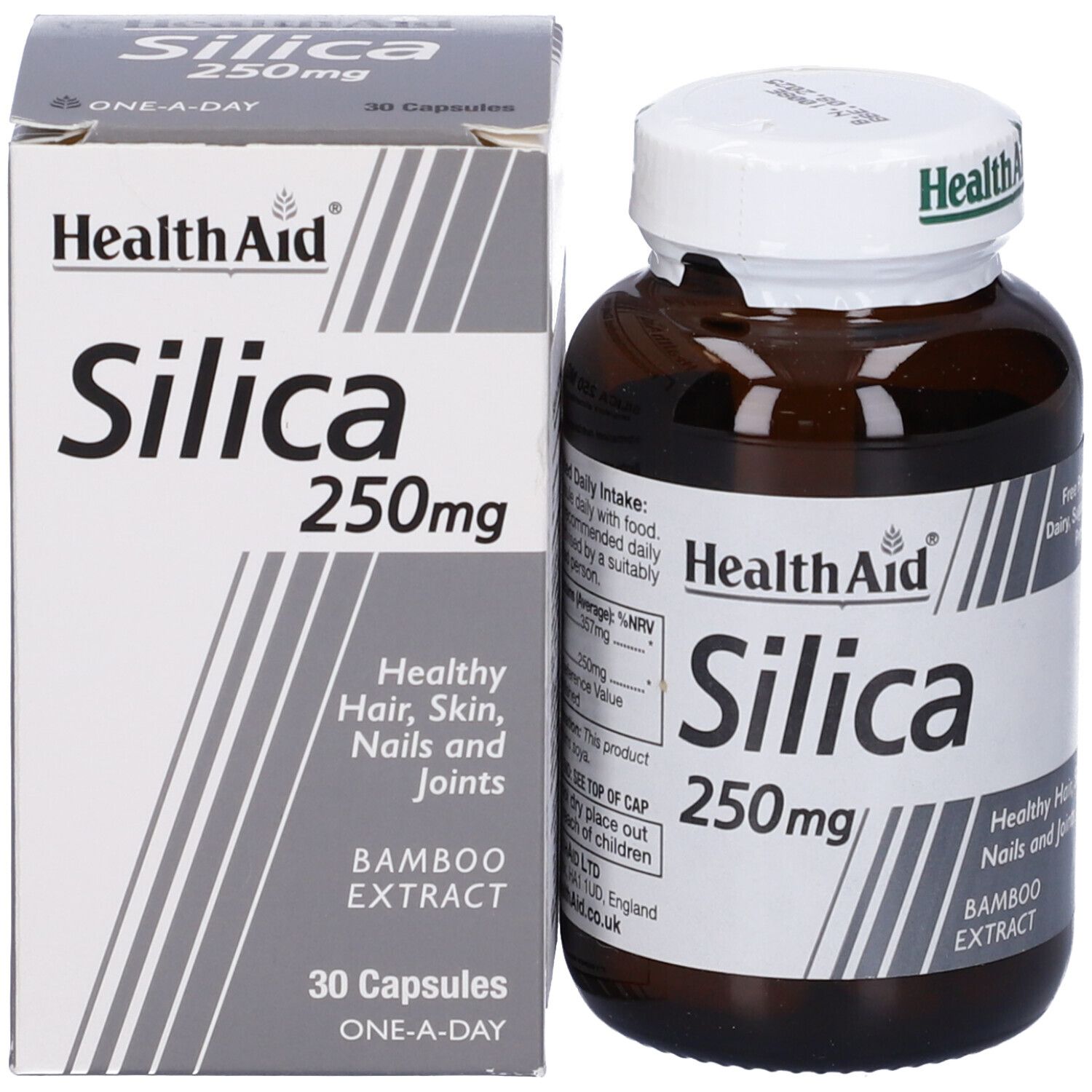 Confezione e flacone di Silice 250mg Health Aid. Contiene estratto di bambù. 30 capsule. Una al giorno.