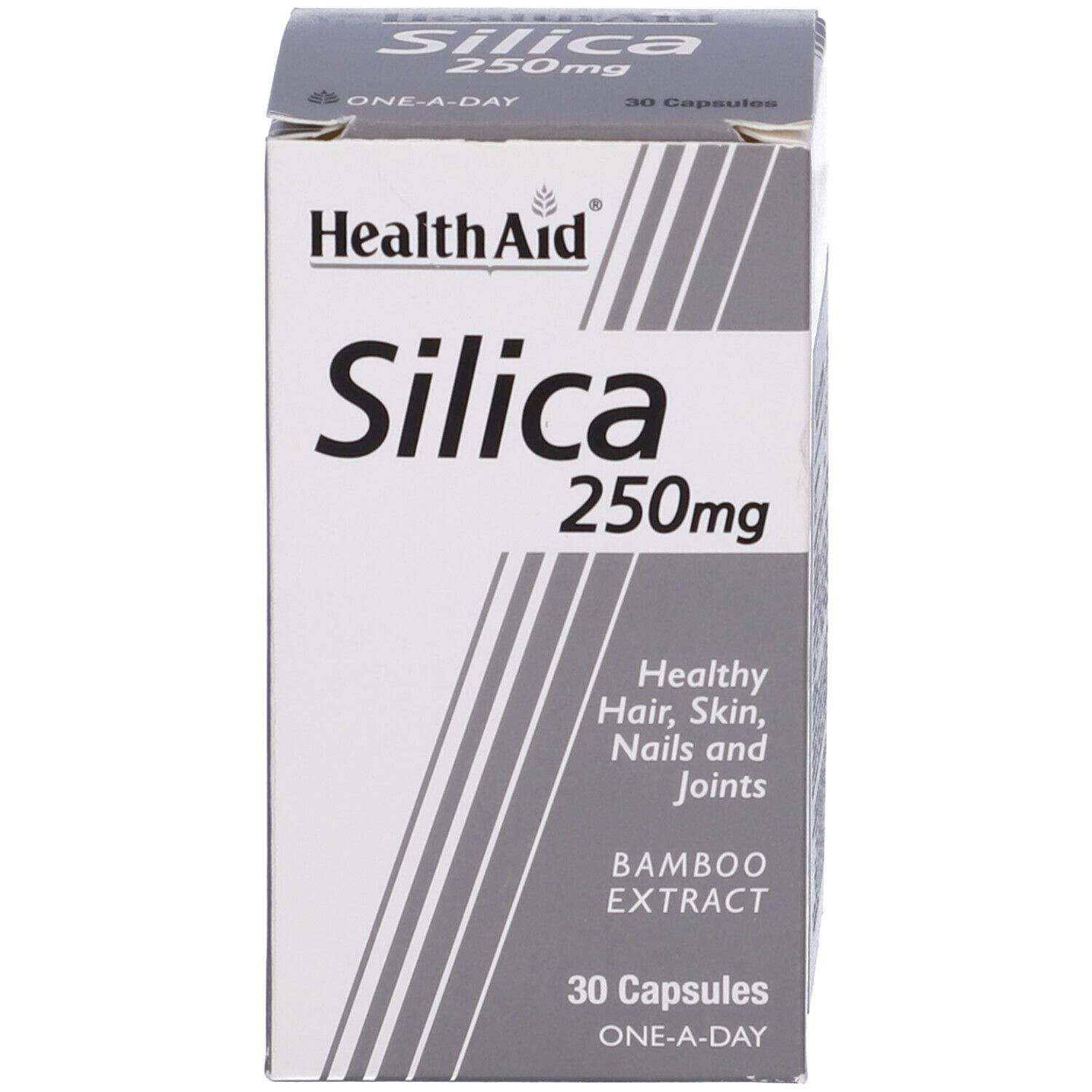 Confezione di Silice 250mg Health Aid. Contiene 30 capsule. Per capelli, pelle, unghie e articolazioni sani.