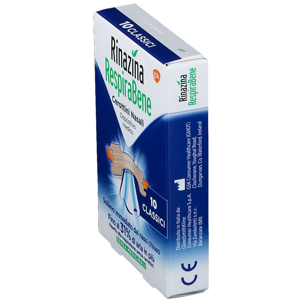Scatola di Rinazina RespiraBene. Scritto: 10 Classici. Dispositivo medico. Marchio CE.
