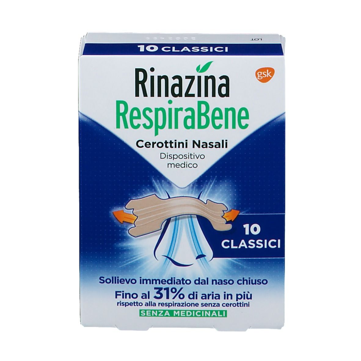 Fronte confezione Rinazina RespiraBene. Scritto: 10 Classici. Dispositivo medico. Cerottini nasali.