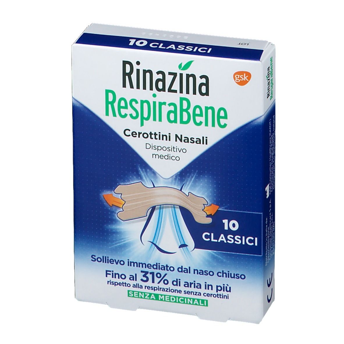 Fronte confezione Rinazina RespiraBene. Scritto: 10 Classici. Dispositivo medico. Cerottini nasali.