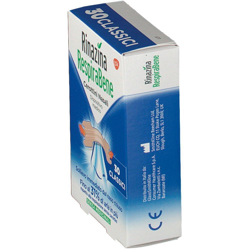 Confezione di Rinazina RespiraBene. Contiene 30 cerottini nasali. Dispositivo medico. Scatola blu e bianca con logo e marchio CE.