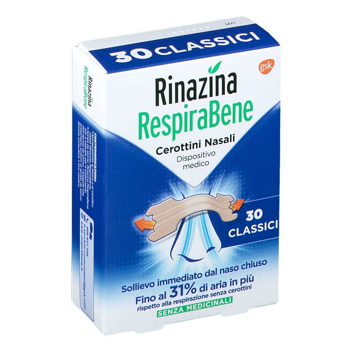 Confezione di Rinazina RespiraBene Classici. Scatola blu con nome del prodotto e immagine di cerotti nasali. 30 pezzi.