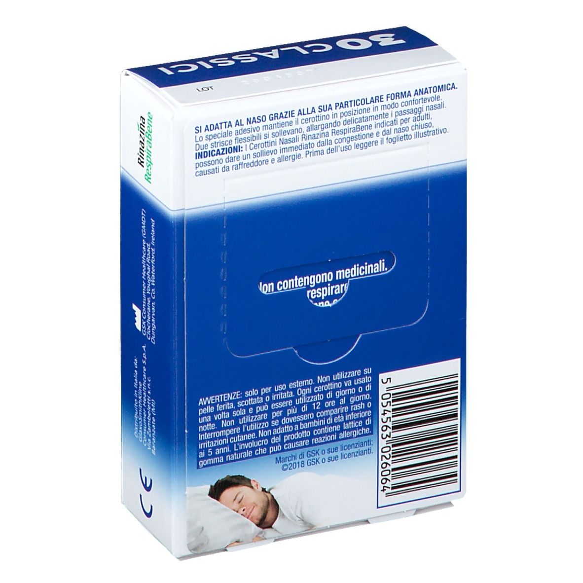 Retro della confezione Rinazina RespiraBene Classici. Scatola blu con testo e uomo che dorme. Marchio CE.