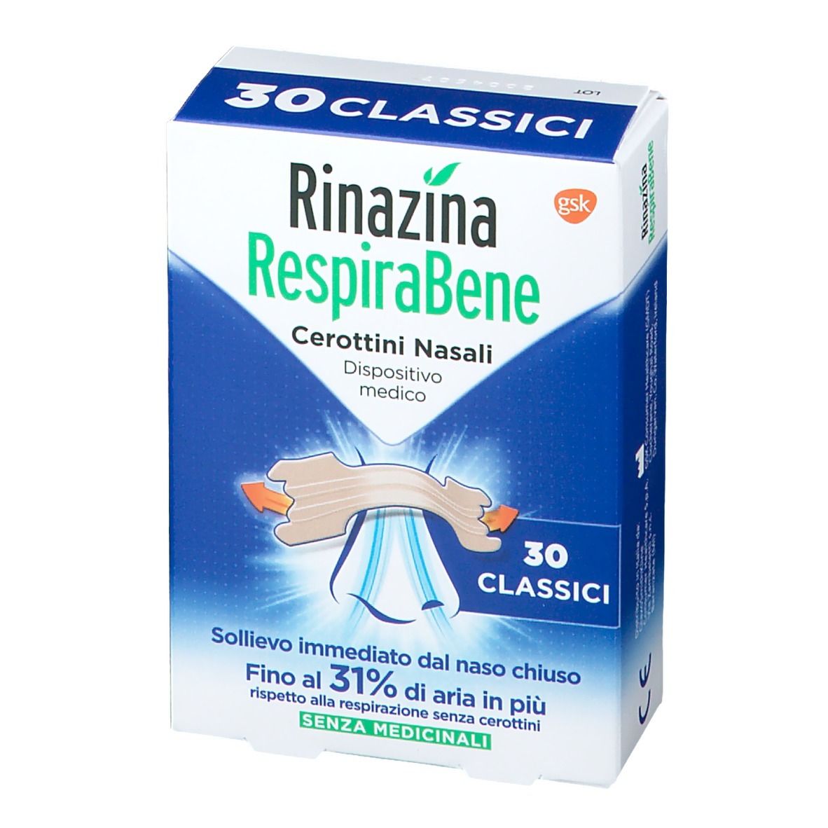 Vista frontale della confezione Rinazina RespiraBene Classici. Scatola blu con nome del prodotto e immagine di cerotti nasali. 30 pezzi.