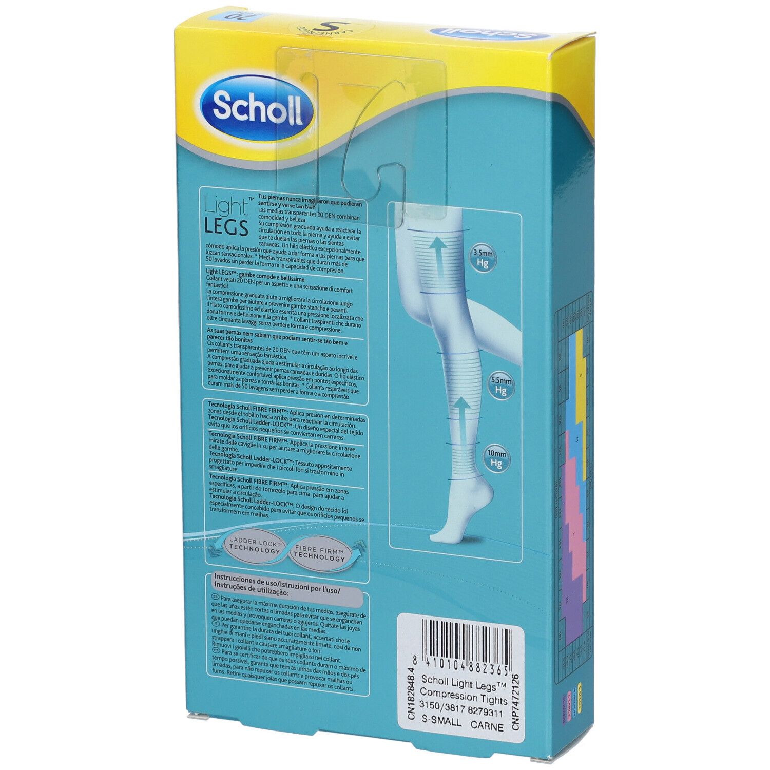 Retro della confezione con informazioni sul prodotto. Marchio Scholl Light Legs. Illustrazione di una gamba con compressione.