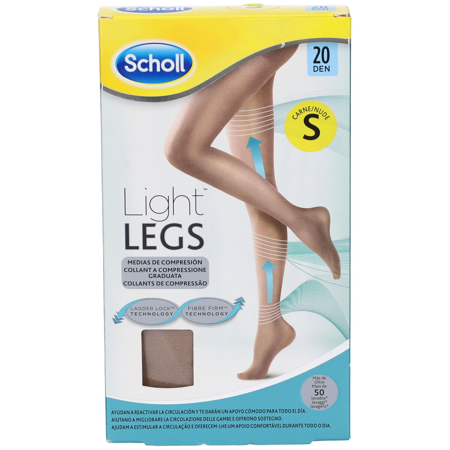 Fronte della confezione di collant. Marchio Scholl Light Legs, 20 den, colore Nude, taglia S. Illustrazione di una gamba.
