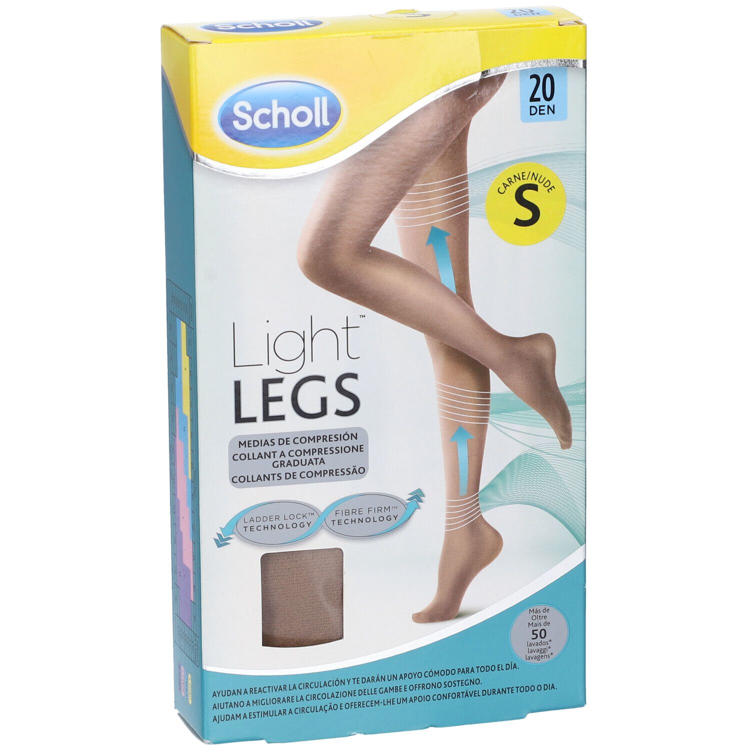 Fronte della confezione di collant. Marchio Scholl Light Legs, 20 den, colore Nude, taglia S. Illustrazione di una gamba.