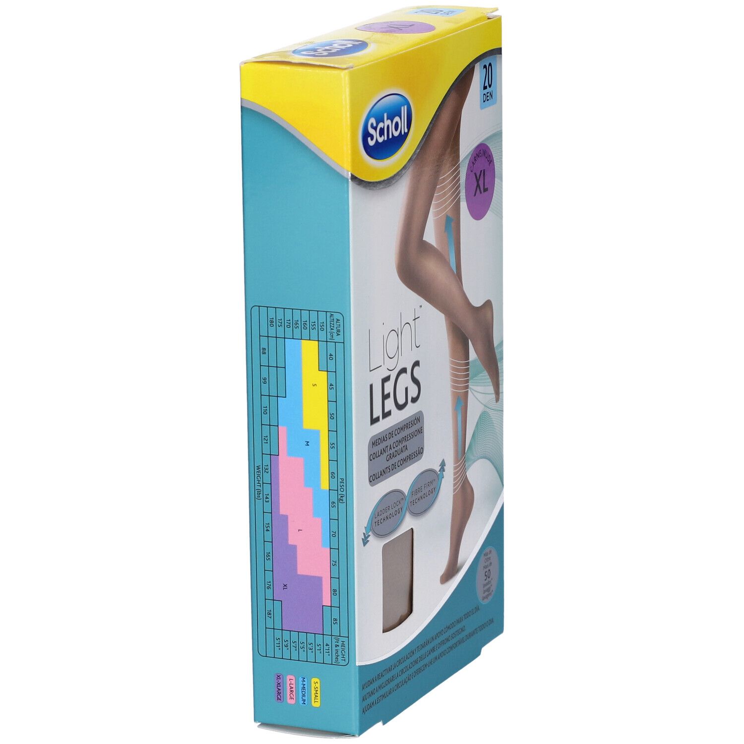 Confezione collant Scholl Light Legs, vista laterale. Dimensioni e informazioni sul prodotto visibili.