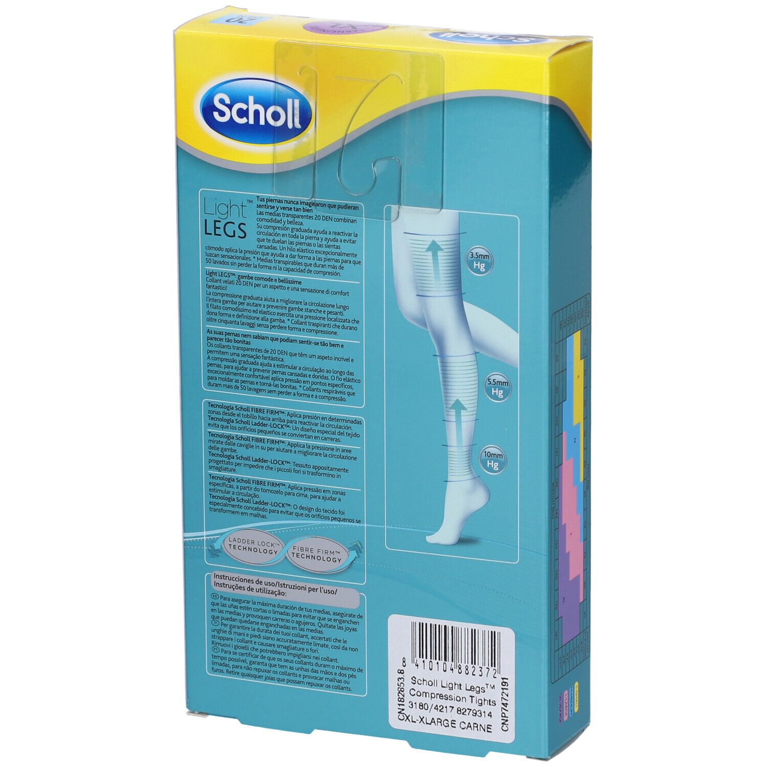 Retro della confezione dei collant Scholl Light Legs. Informazioni sul prodotto e codice a barre visibili.