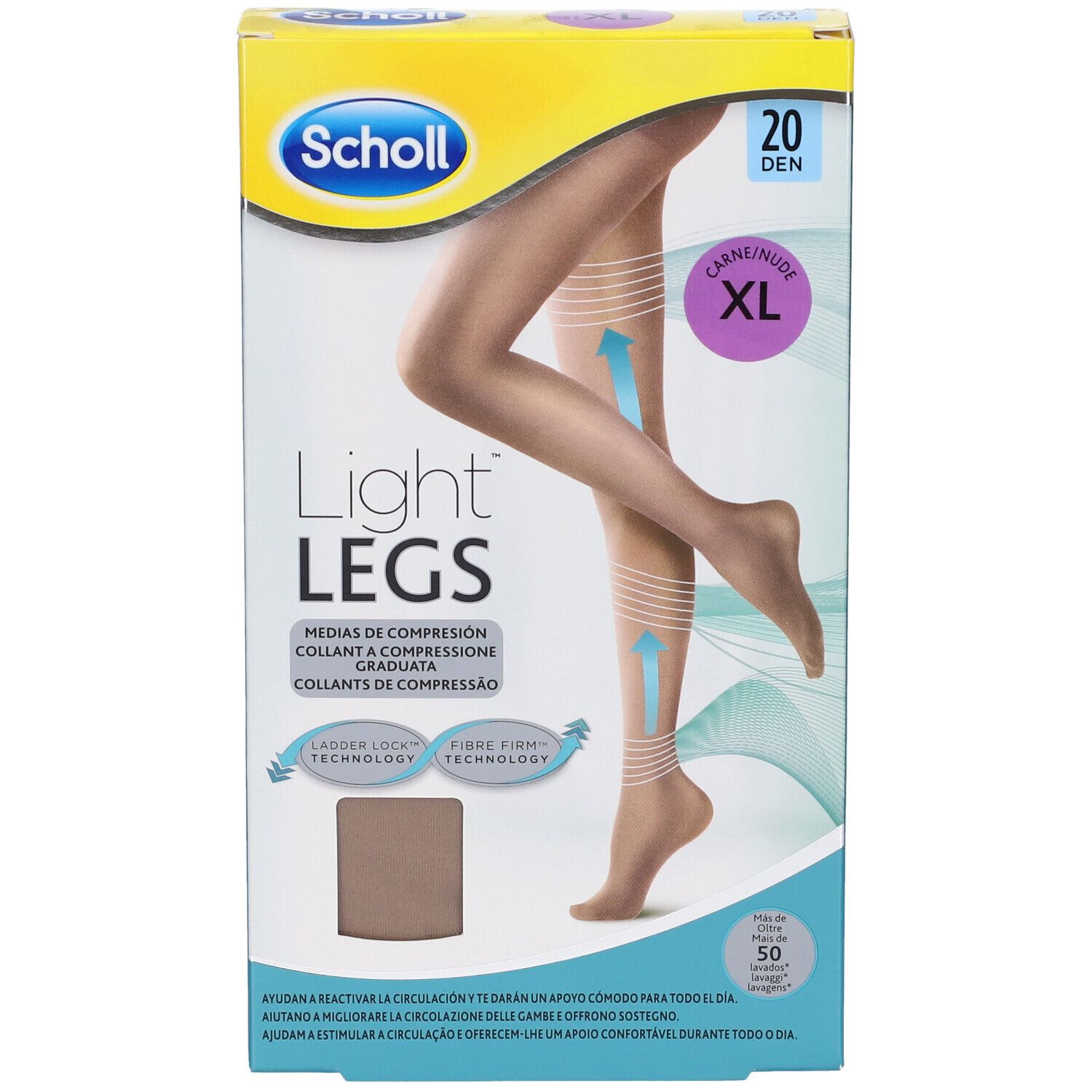 Collant Scholl Light Legs 20 den, taglia XL, color carne. Confezione con immagine del prodotto e informazioni.