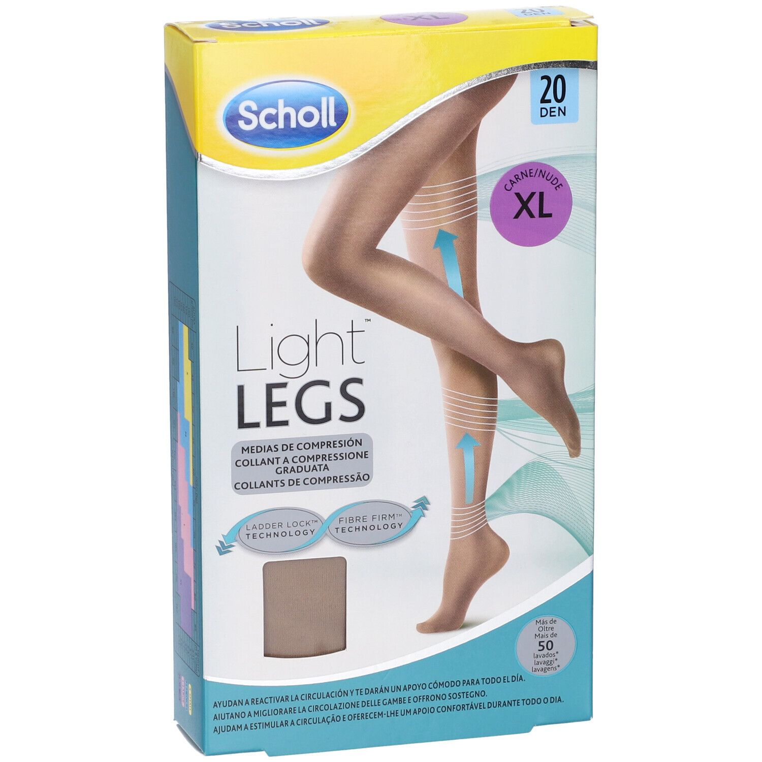 Collant Scholl Light Legs 20 den, taglia XL, color carne. Confezione con immagine del prodotto e informazioni.