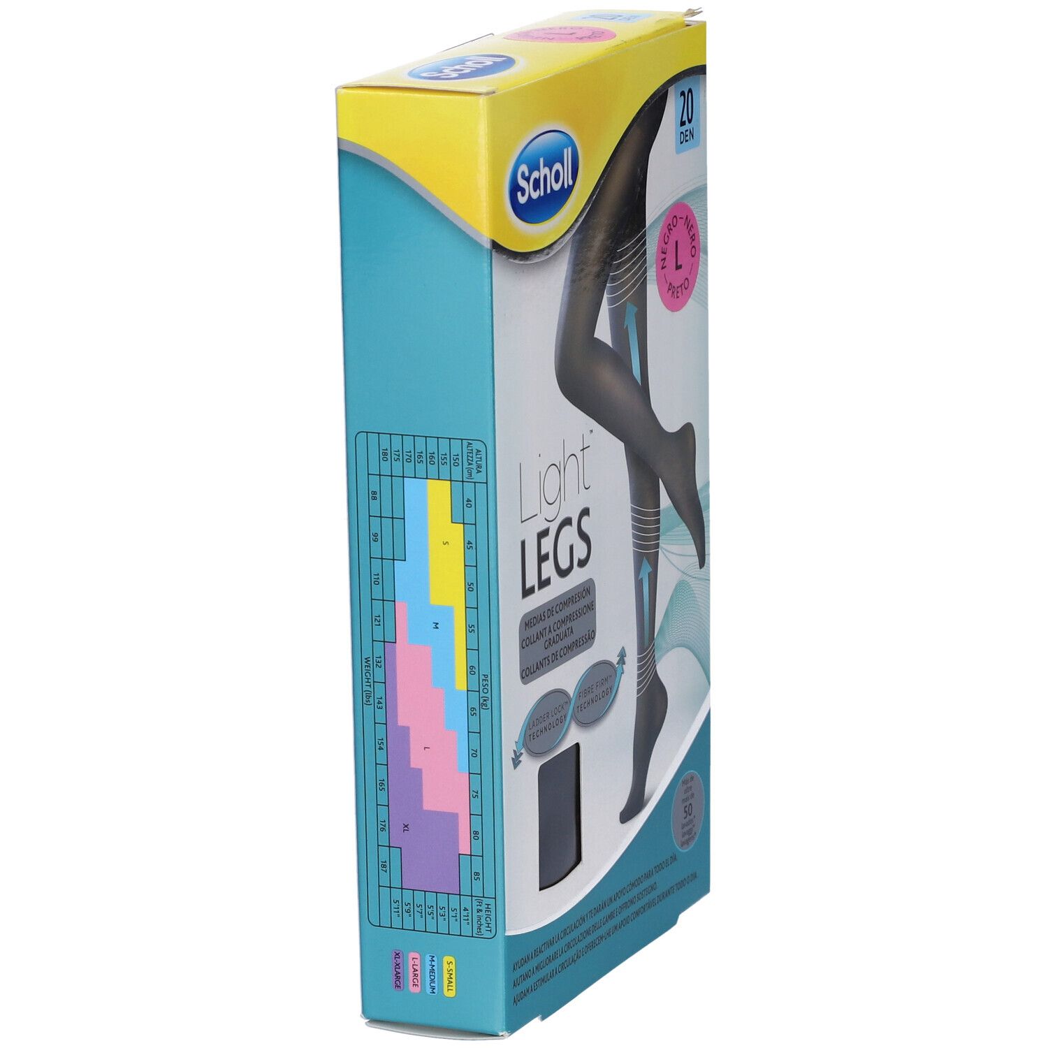Lato della confezione Scholl Light Legs. Mostra le taglie. Testo: Light Legs, 20 Den, L. Indicazioni taglie colorate.