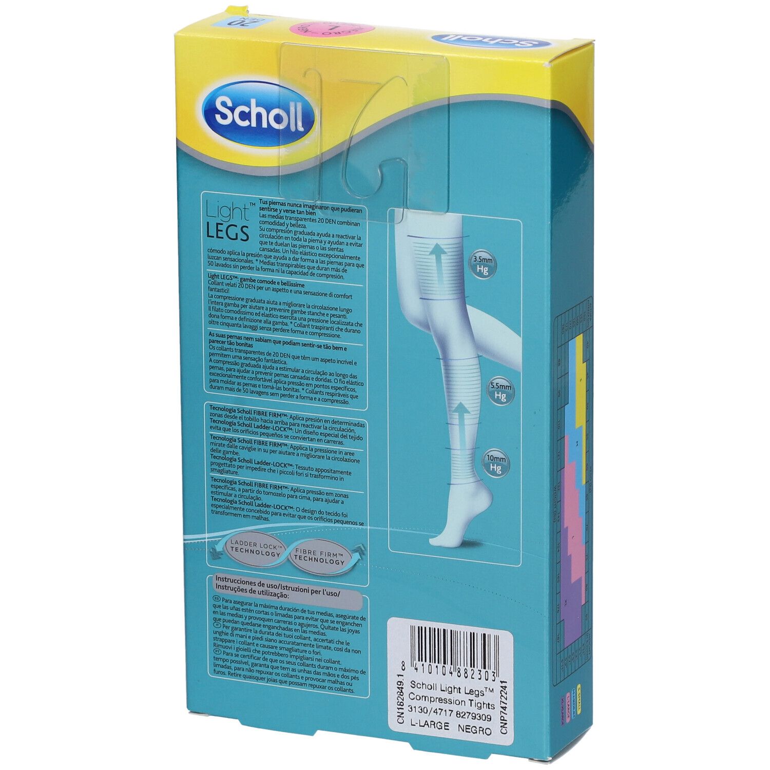 Retro della confezione Scholl Light Legs. Mostra modello di gamba e informazioni. Testo: Light Legs, 20 Den.