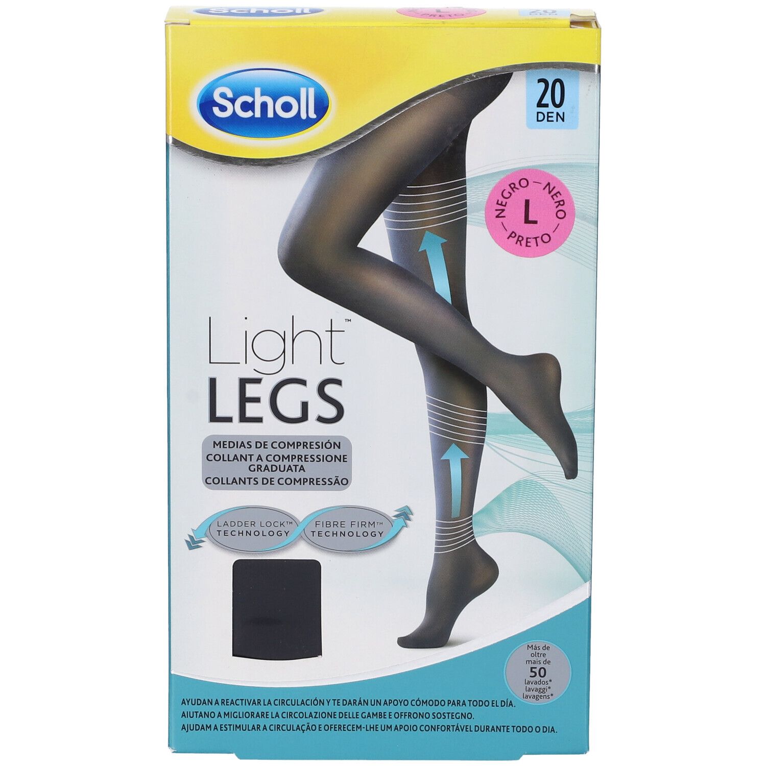 Collant Scholl Light Legs neri, taglia L, 20 den. Confezione con modello di gamba. Testo: Light Legs, 20 Den, L, Nero/Preto.