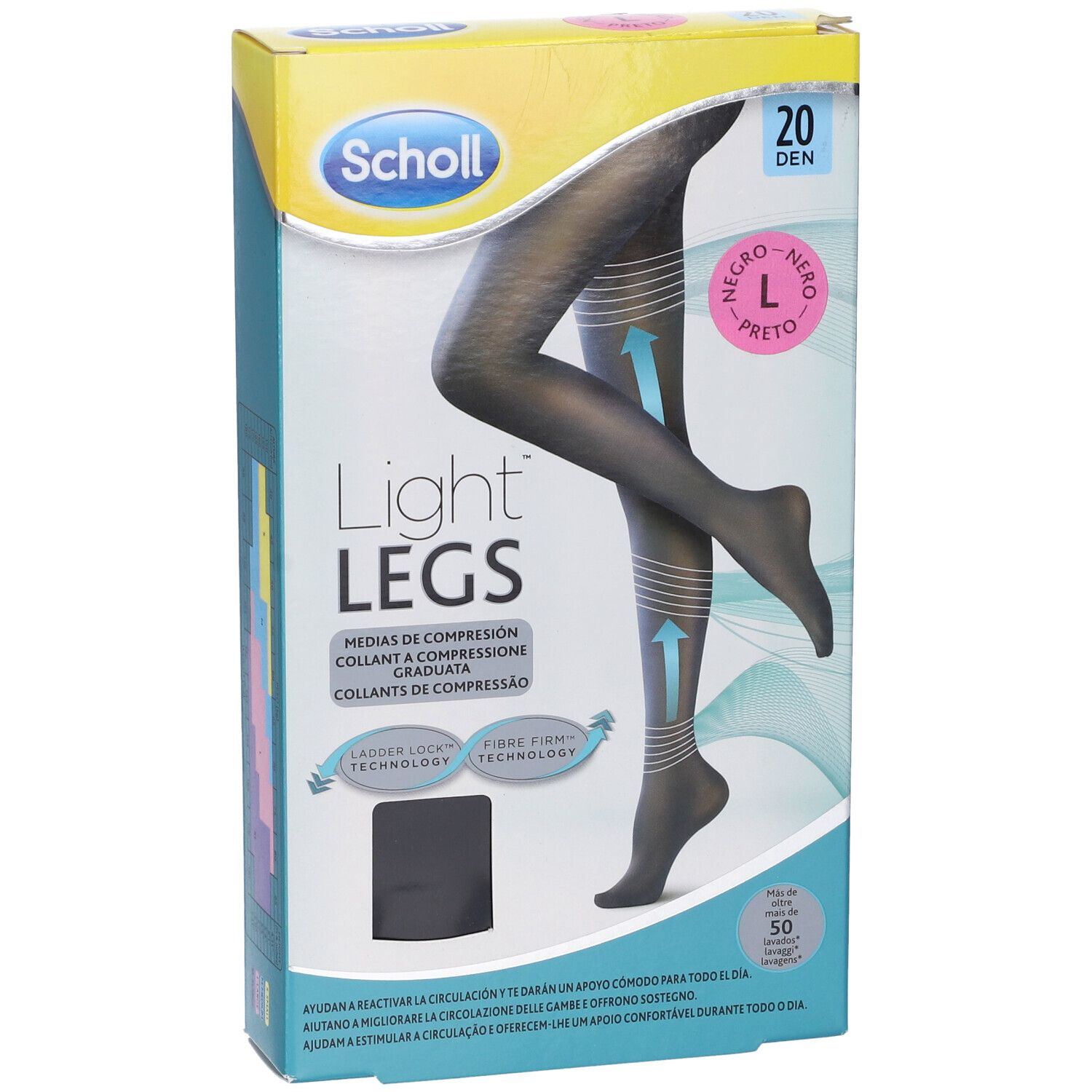 Collant Scholl Light Legs neri, taglia L, 20 den. Confezione con modello di gamba. Testo: Light Legs, 20 Den, L, Nero/Preto.