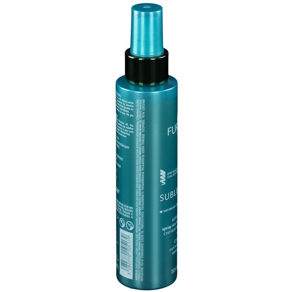 Flacone spray turchese. Anello nero, erogatore blu. Testo e loghi sull'etichetta.