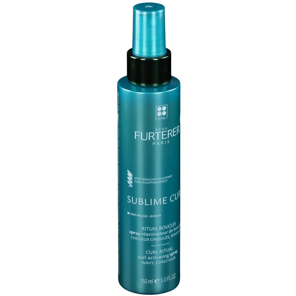 Flacone spray turchese. Anello nero, erogatore blu. Scritta: FURTERER PARIS, SUBLIME CURL. Indicazione volume.