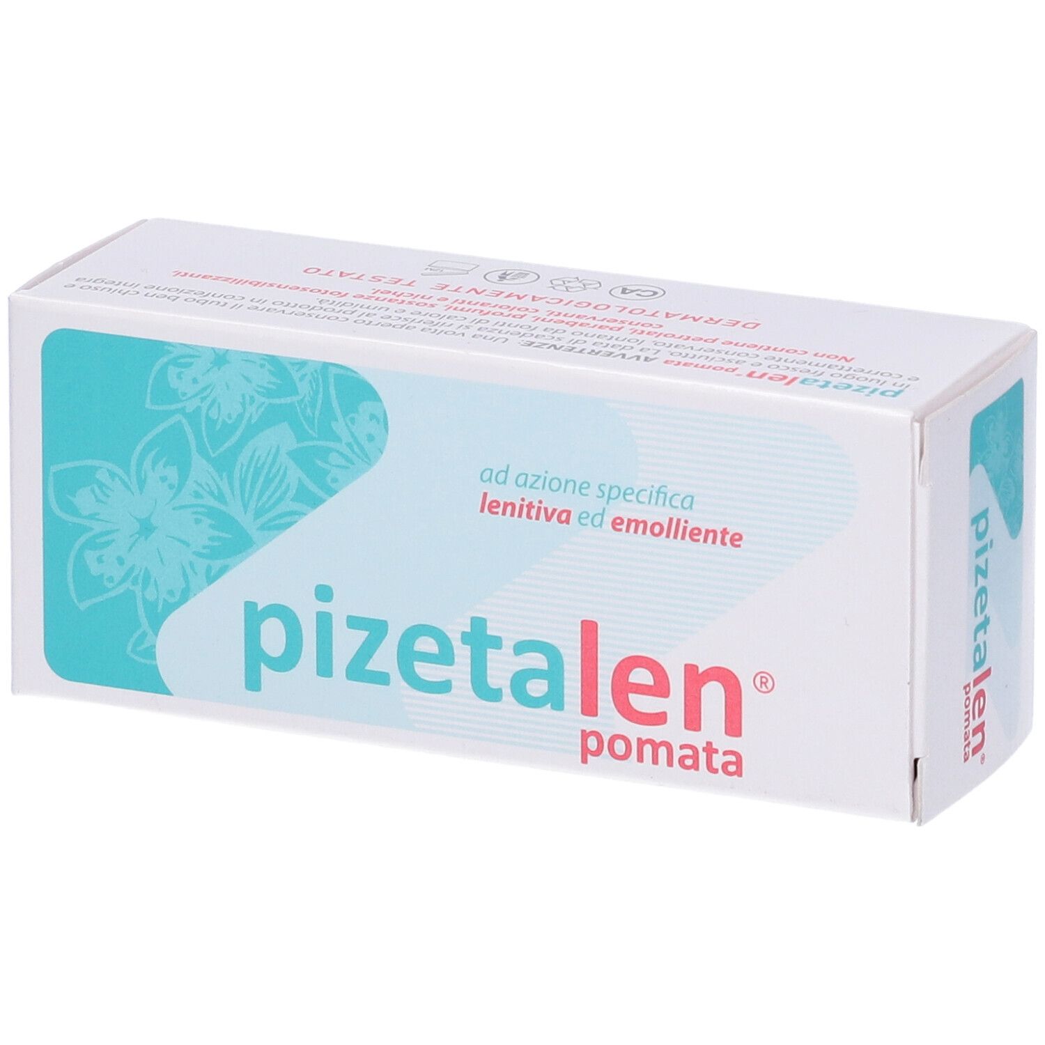Confezione del prodotto con motivo floreale e nome del prodotto. Testo: ad azione specifica lenitiva ed emolliente.