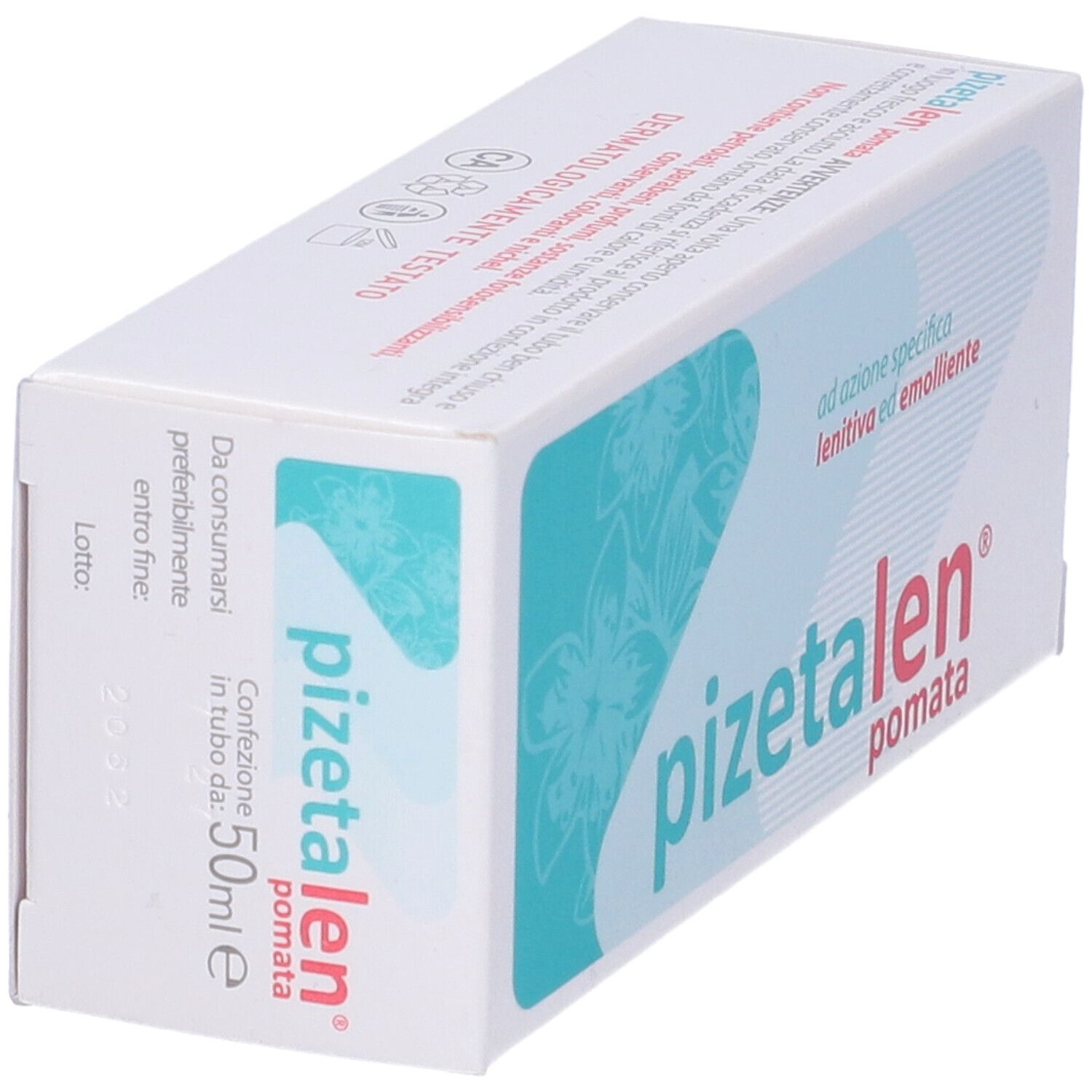 Confezione del prodotto, vista obliqua. Stampa: nome del prodotto, 50 ml, ingredienti, produttore.