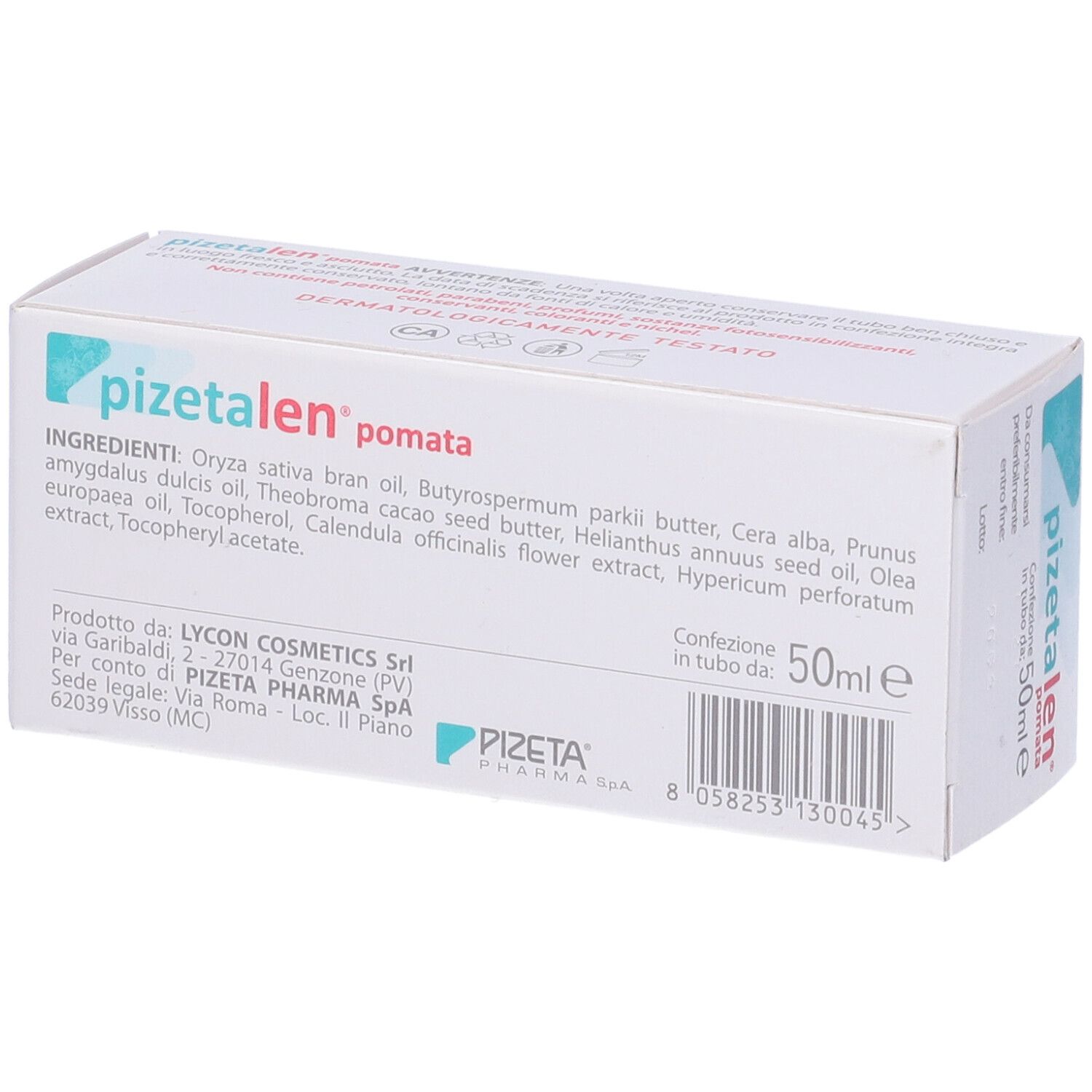 Confezione del prodotto con ingredienti e informazioni del produttore. Stampa: 50 ml.