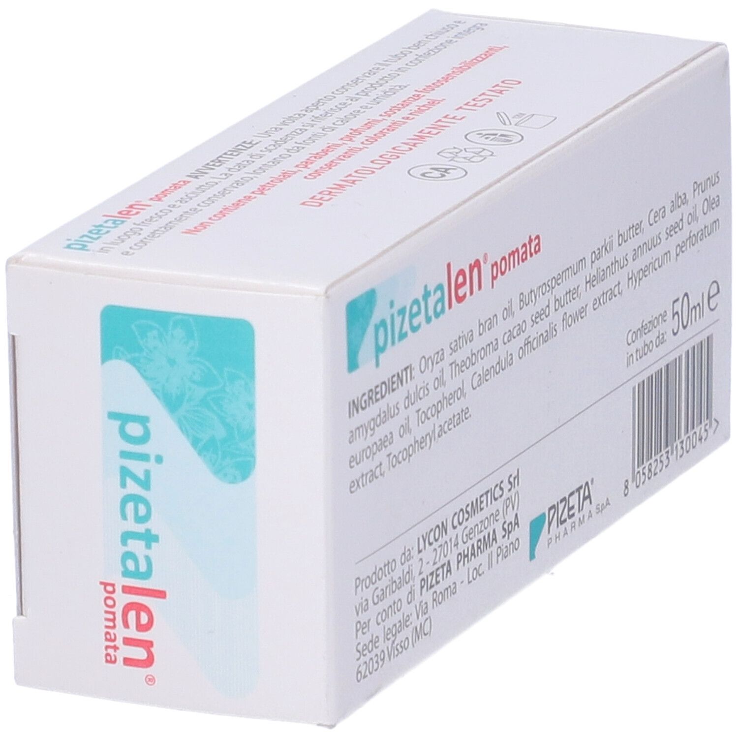 Confezione del prodotto, vista obliqua. Stampa: nome del prodotto, ingredienti, 50 ml.