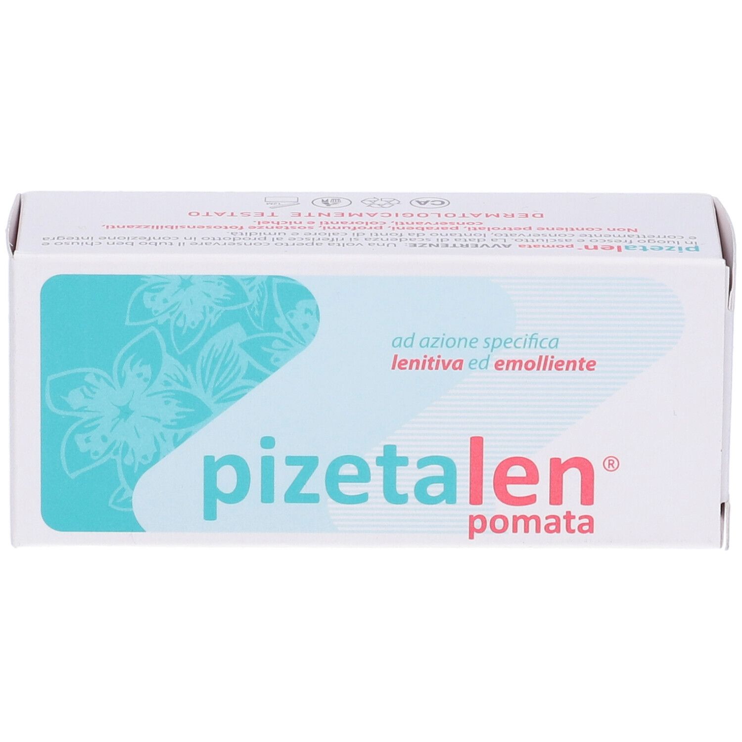 Confezione del prodotto con motivo floreale e nome del prodotto. Testo: ad azione specifica lenitiva ed emolliente.