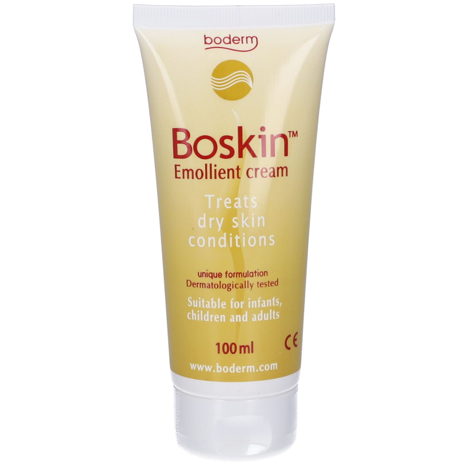Tubo di crema. Scritta: Boskin Emollient cream. Tratta la pelle secca. Per neonati, bambini e adulti. 100ml.