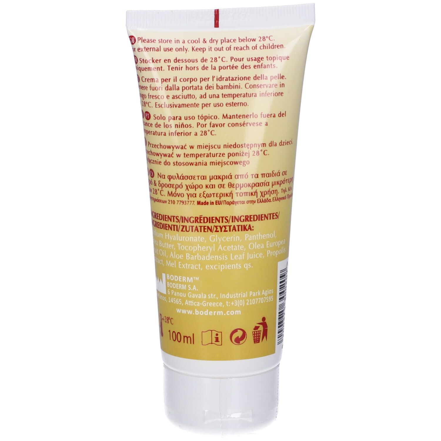 Retro del tubo di crema. Testo multilingue. Ingredienti e informazioni del produttore. 100ml.