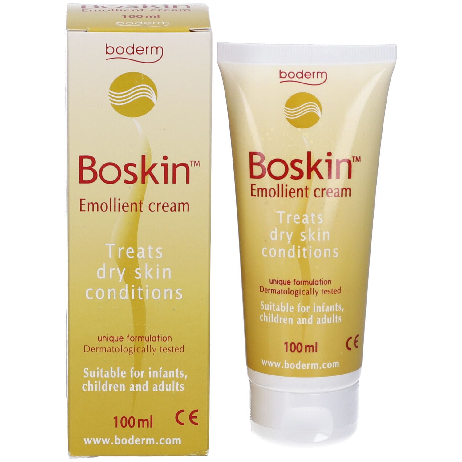 Tubo e scatola di crema. Scritta: Boskin Emollient cream. Tratta la pelle secca. 100ml.