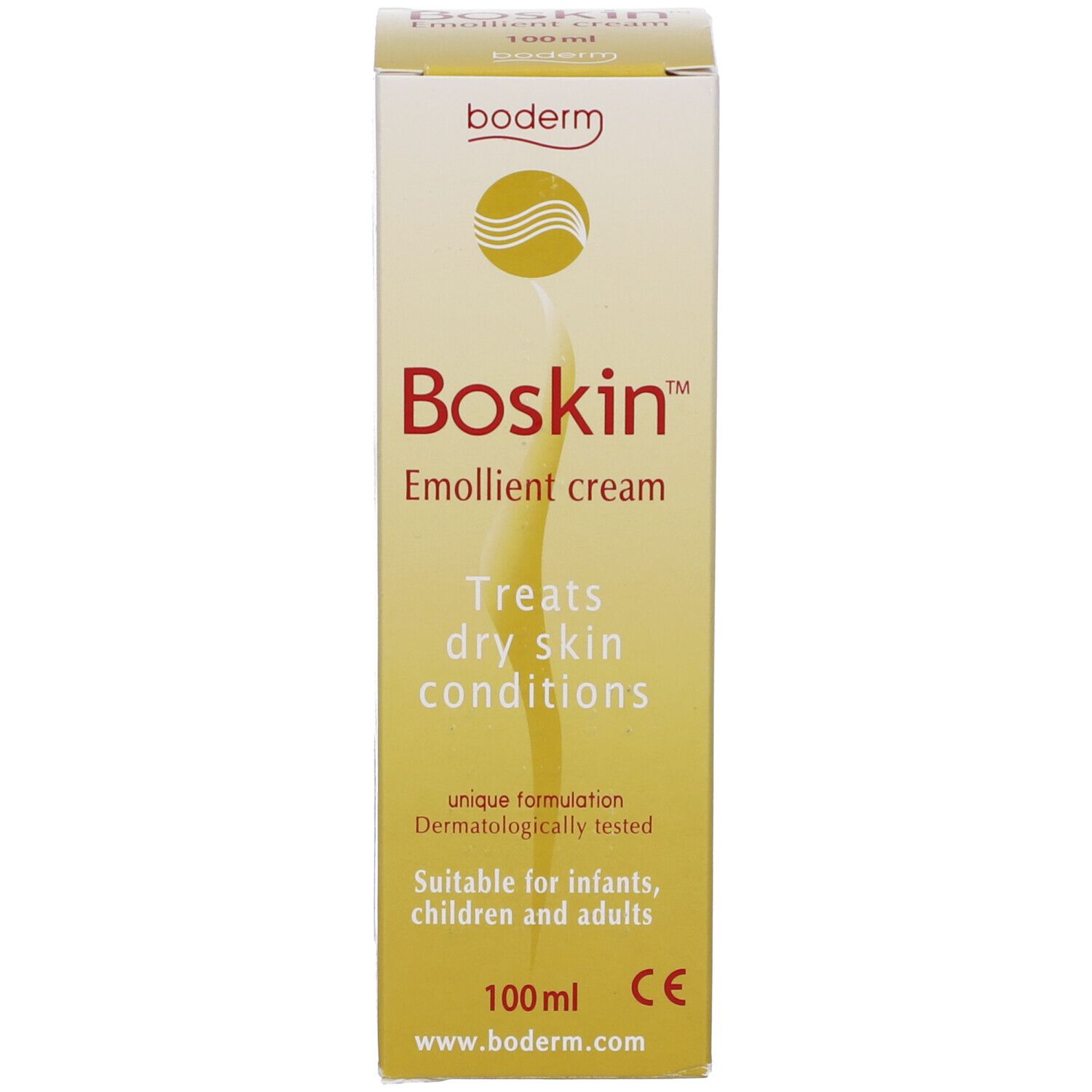 Scatola. Scritta: Boskin Emollient cream. Tratta la pelle secca. Per neonati, bambini e adulti. 100ml.