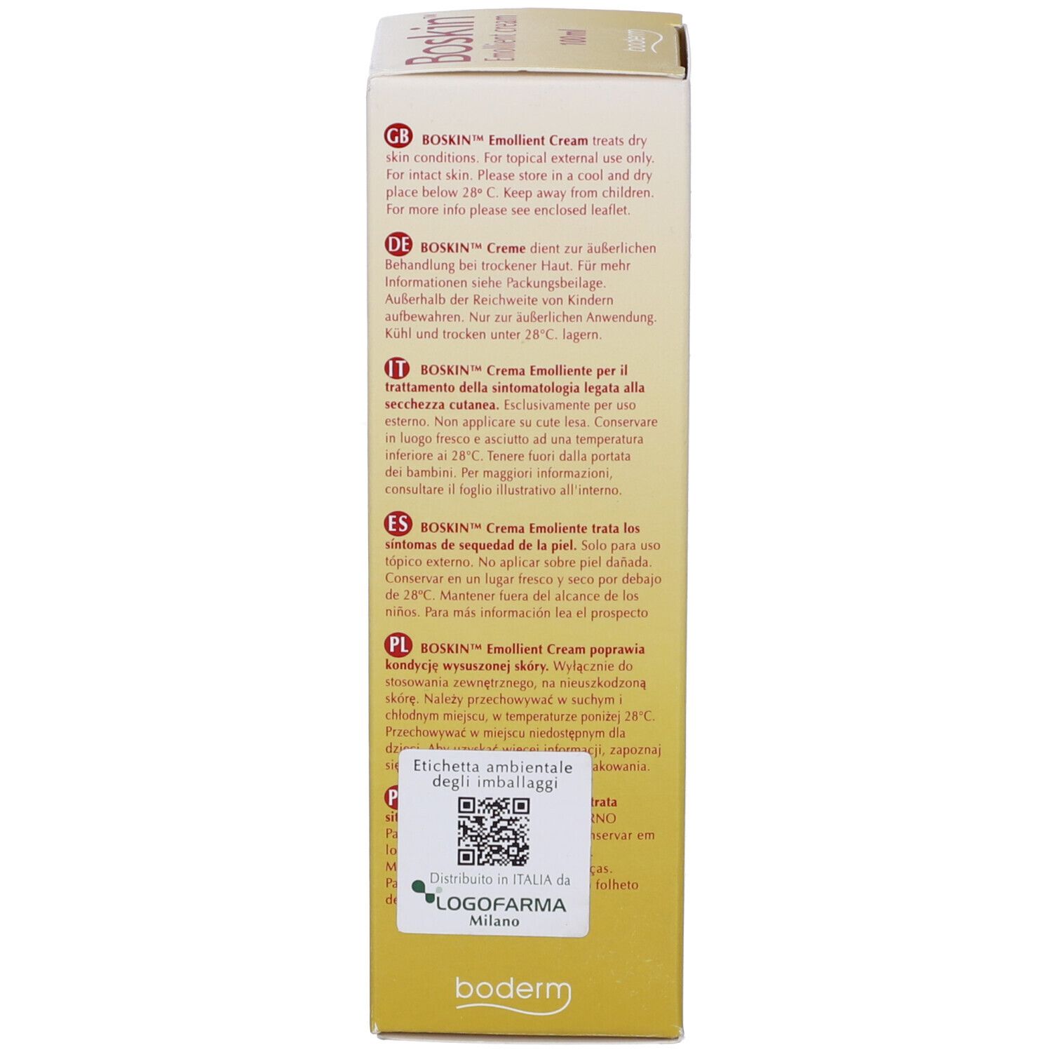 Scatola. Testo multilingue. Informazioni sull'uso e la conservazione. Codice QR e logo.