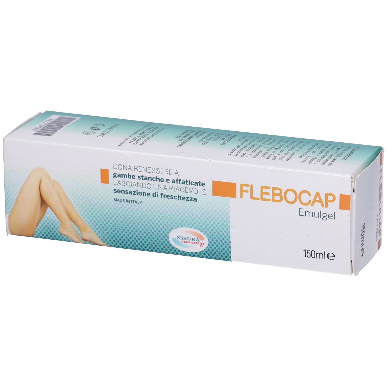 Scatola con nome del prodotto e immagine di gambe. Testo in italiano. 150ml.