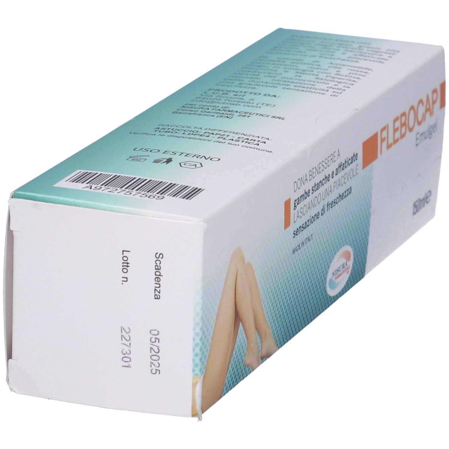 Scatola, vista laterale. Nome del prodotto e testo in italiano. Scadenza 05/2025.