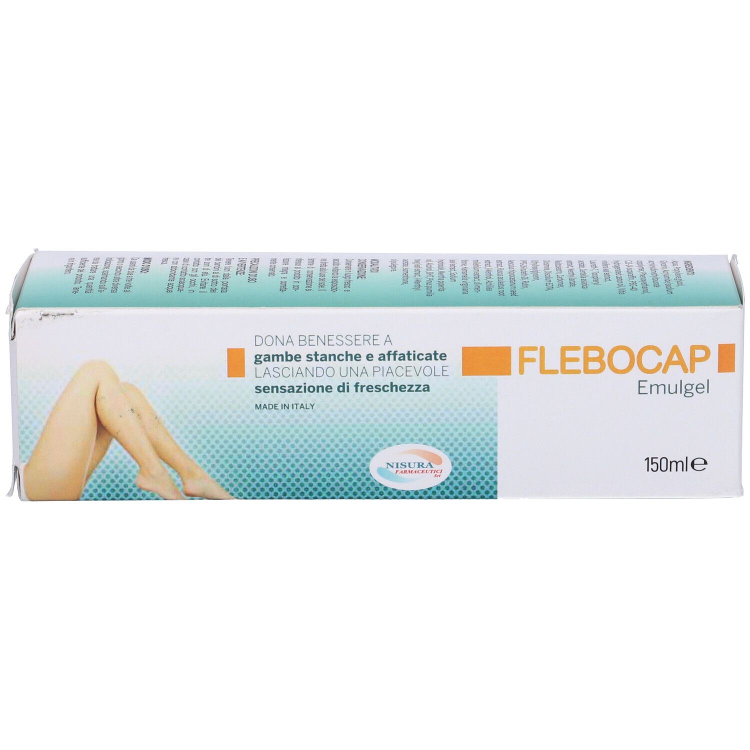 Scatola con nome del prodotto e immagine di gambe. Testo in italiano. 150ml.